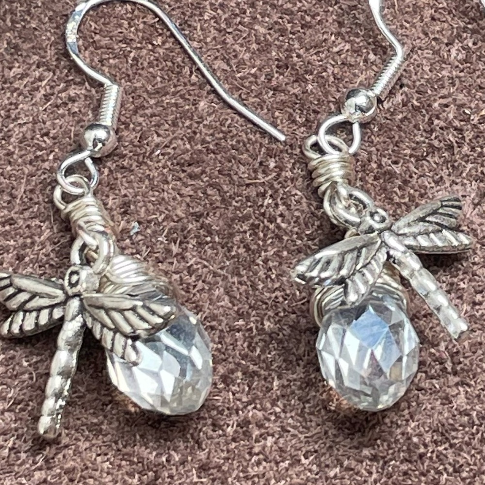 Handmade Silver Sparkling 
Crystal Dragonfly 
Earrings Boho Cottagecore - Picture 16 of 17